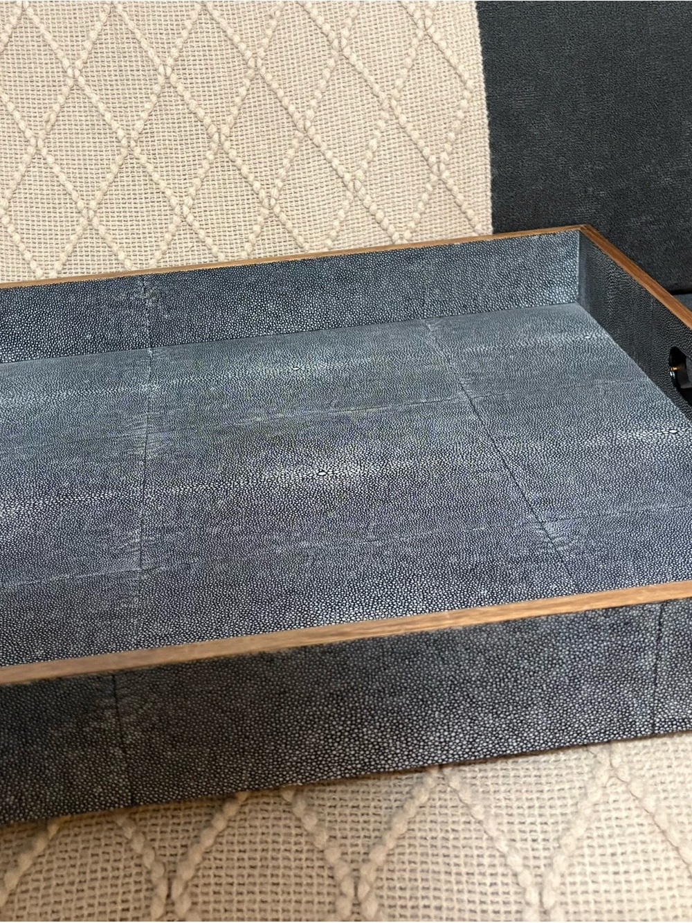 Textured Faux-Shagreen Serving Tray in Charcoal with Wood Trim